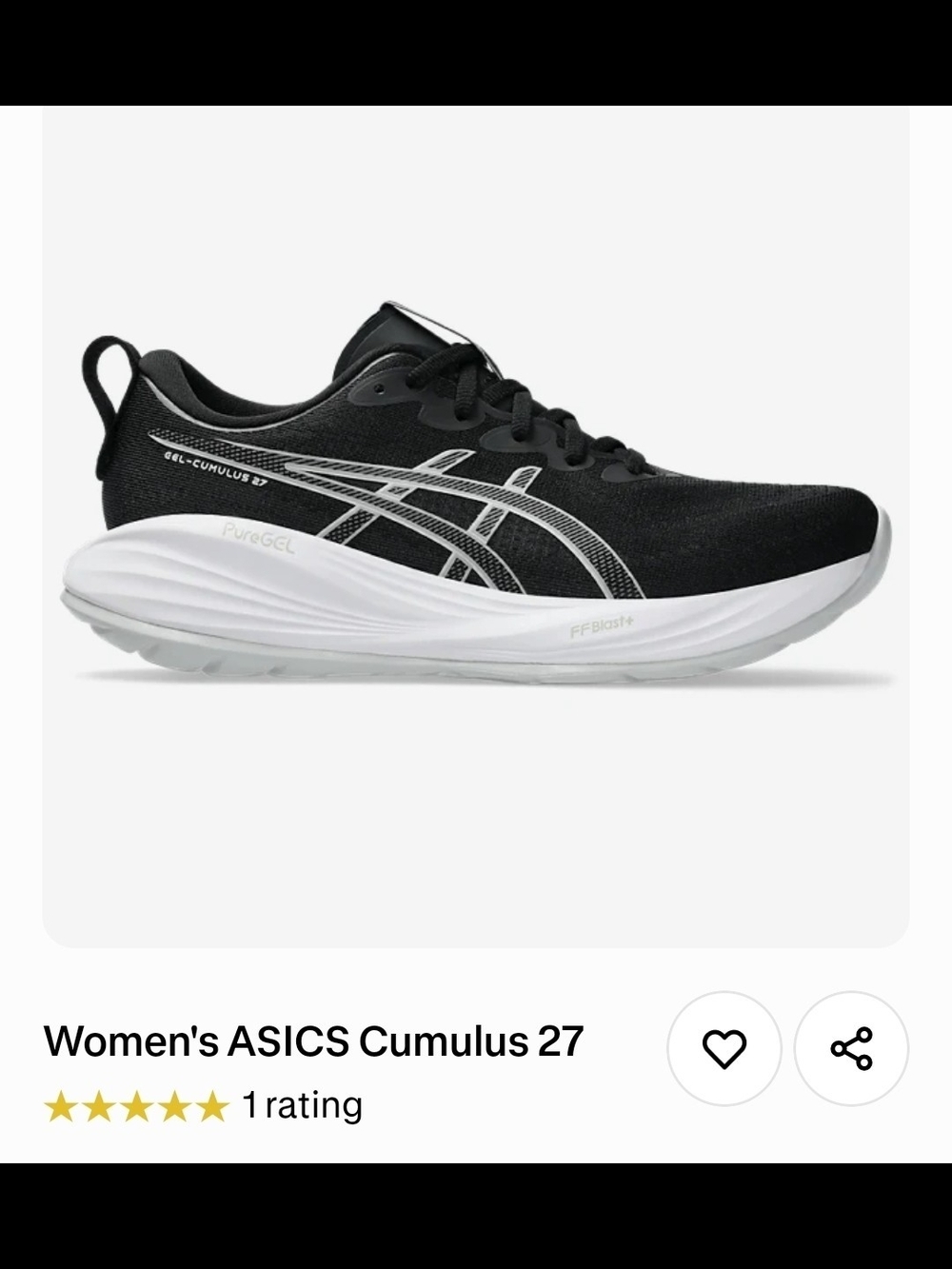 ASICS Women's Cumulus 27 Running Shoe - Black/White - Size 6.5